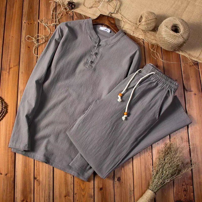 Herren Leinen-Set Langarm Hemd und Leinenhose Zweiteiler
