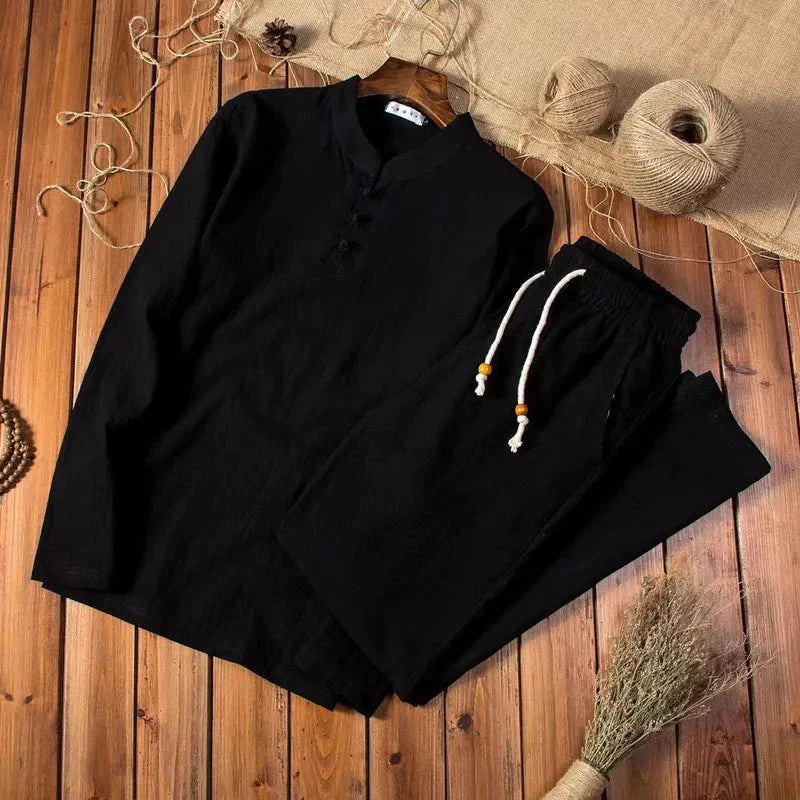 Herren Leinen-Set Langarm Hemd und Leinenhose Zweiteiler