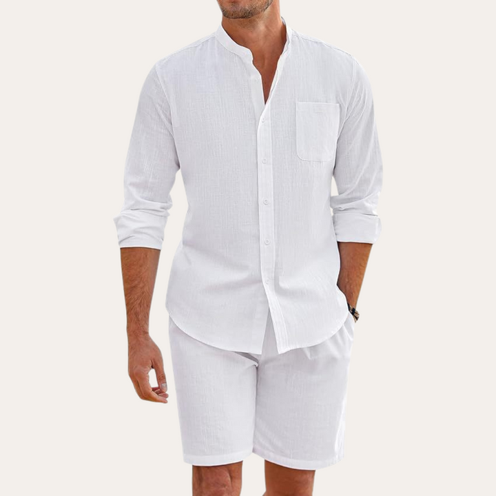 Herren Leinen-Set Langarm Hemd und Shorts Zweiteiler