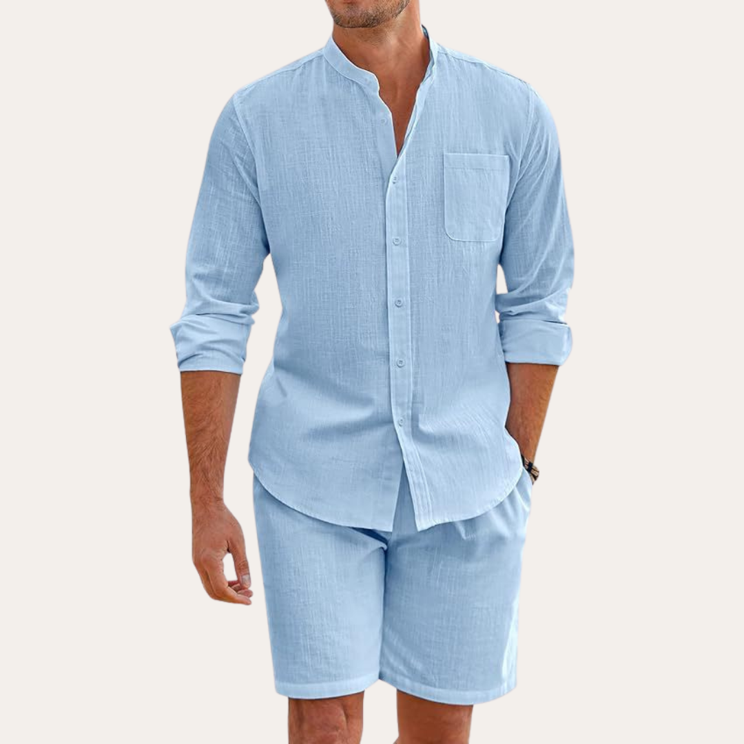Herren Leinen-Set Langarm Hemd und Shorts Zweiteiler