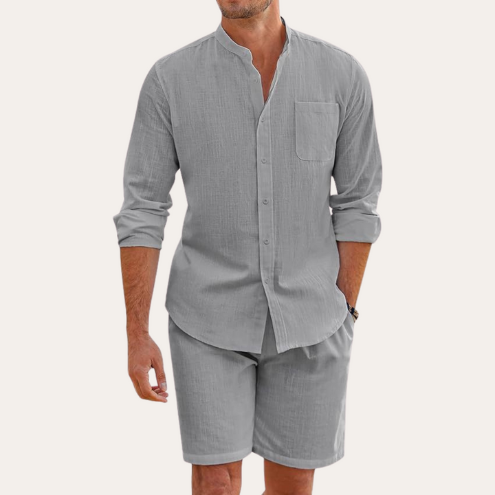 Herren Leinen-Set Langarm Hemd und Shorts Zweiteiler