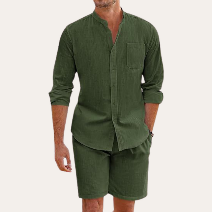 Herren Leinen-Set Langarm Hemd und Shorts Zweiteiler