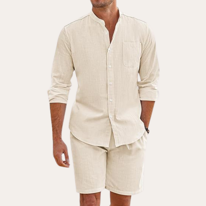 Herren Leinen-Set Langarm Hemd und Shorts Zweiteiler