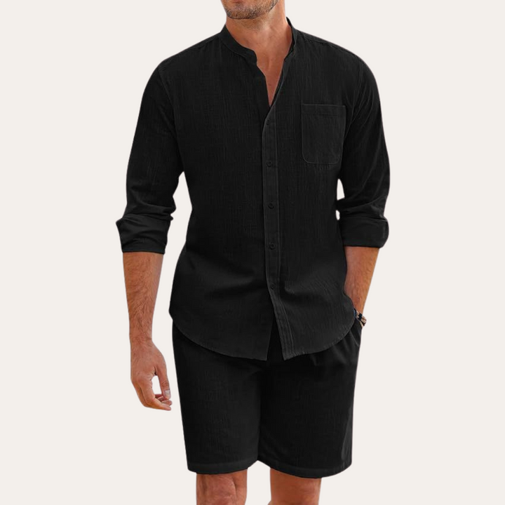 Herren Leinen-Set Langarm Hemd und Shorts Zweiteiler