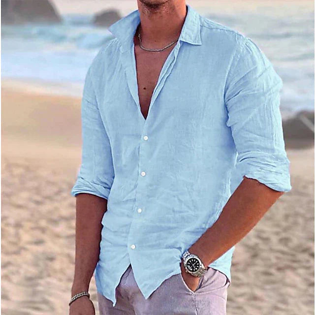 Herren Leinenhemd Langarm Knopfleiste Kragen Sommer