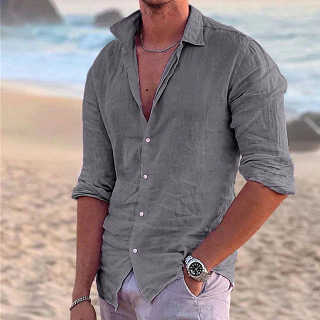 Herren Leinenhemd Langarm Knopfleiste Kragen Sommer