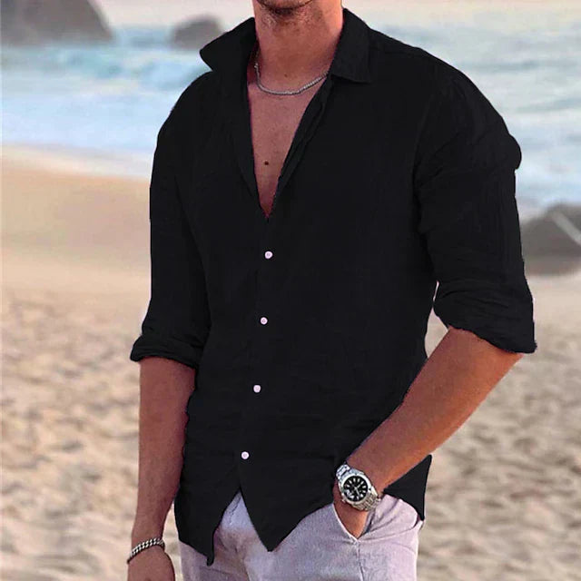 Herren Leinenhemd Langarm Knopfleiste Kragen Sommer
