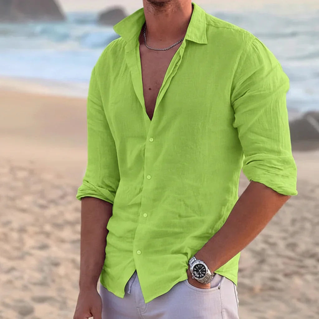 Herren Leinenhemd Langarm Knopfleiste Kragen Sommer