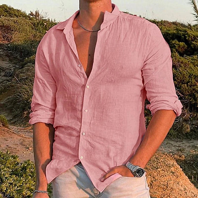 Herren Leinenhemd Langarm Knopfleiste Kragen Sommer