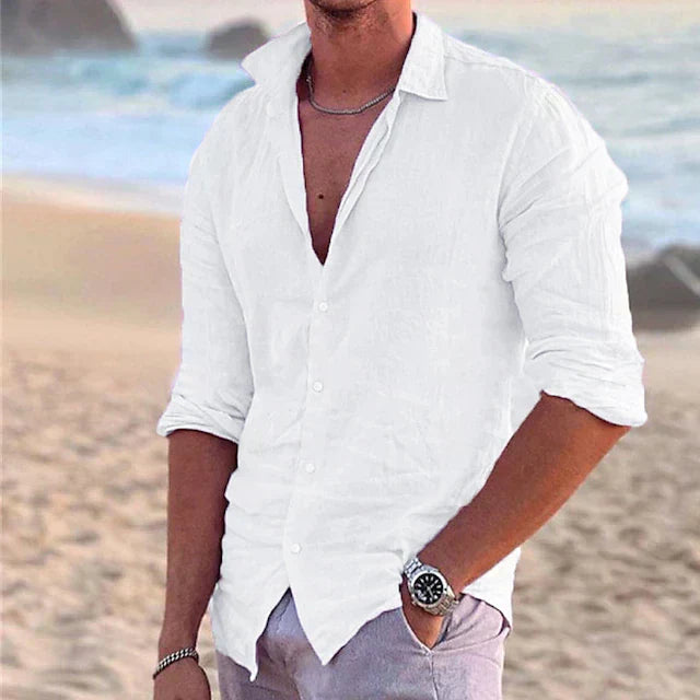 Herren Leinenhemd Langarm Knopfleiste Kragen Sommer