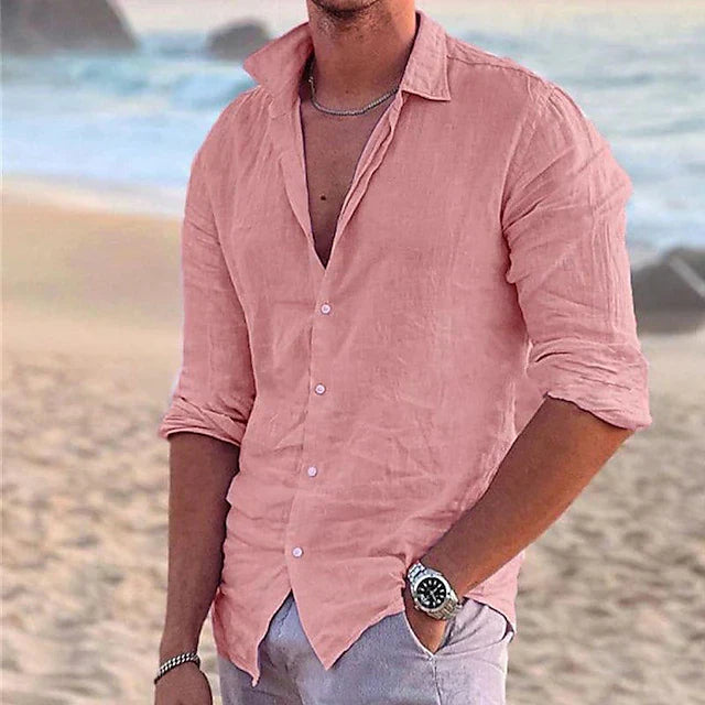 Herren Leinenhemd Langarm Knopfleiste Kragen Sommer