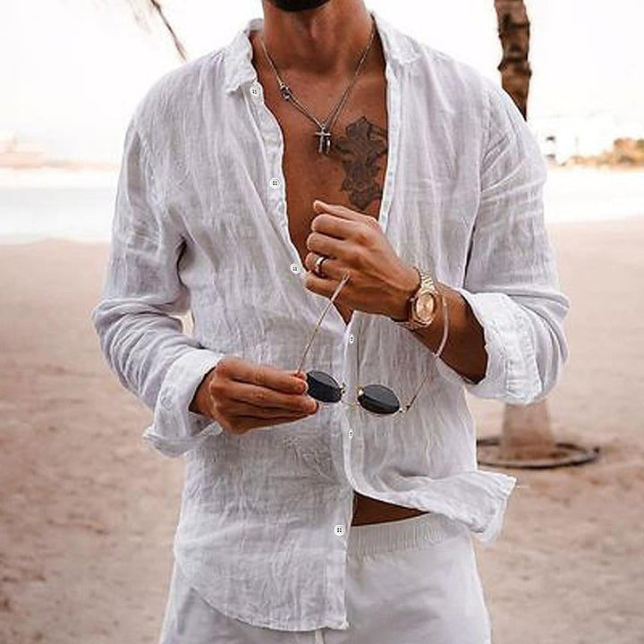 Herren Leinenhemd Langarm Knopfleiste Relaxed Fit Sommer