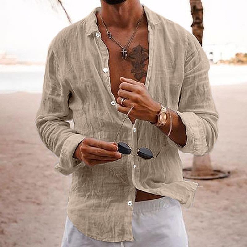 Herren Leinenhemd Langarm Knopfleiste Relaxed Fit Sommer