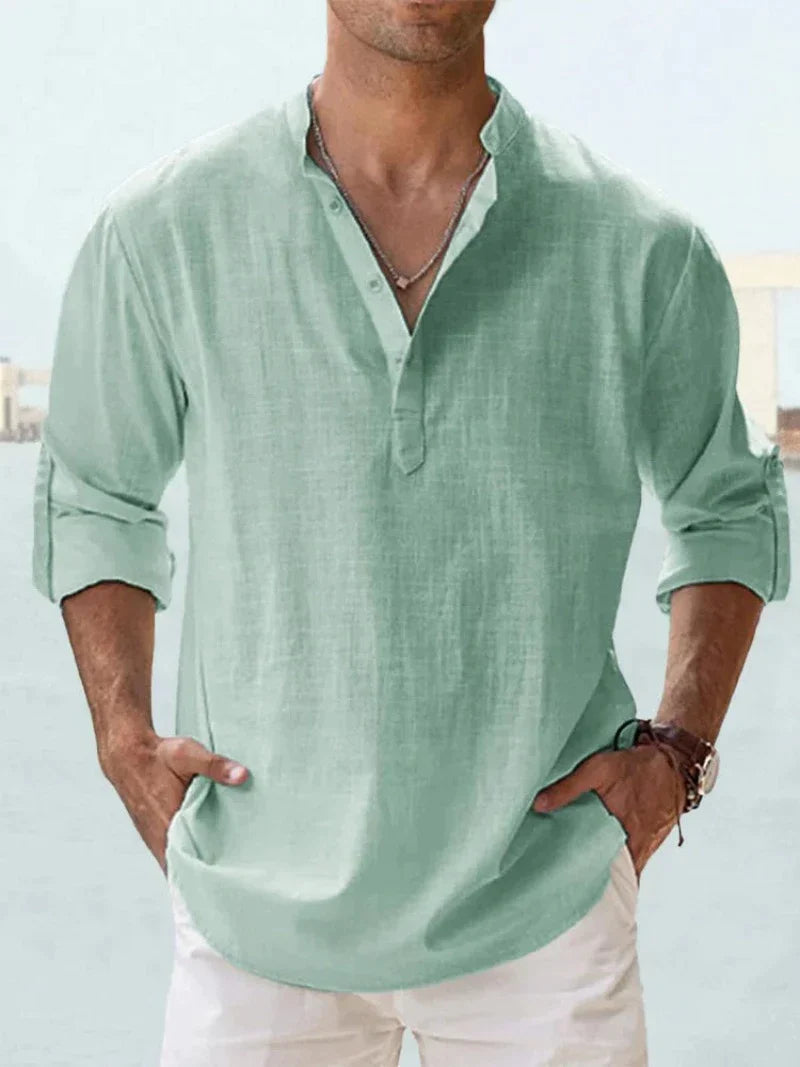 Herren Leinenhemd Langarm V-Ausschnitt Knopfleiste