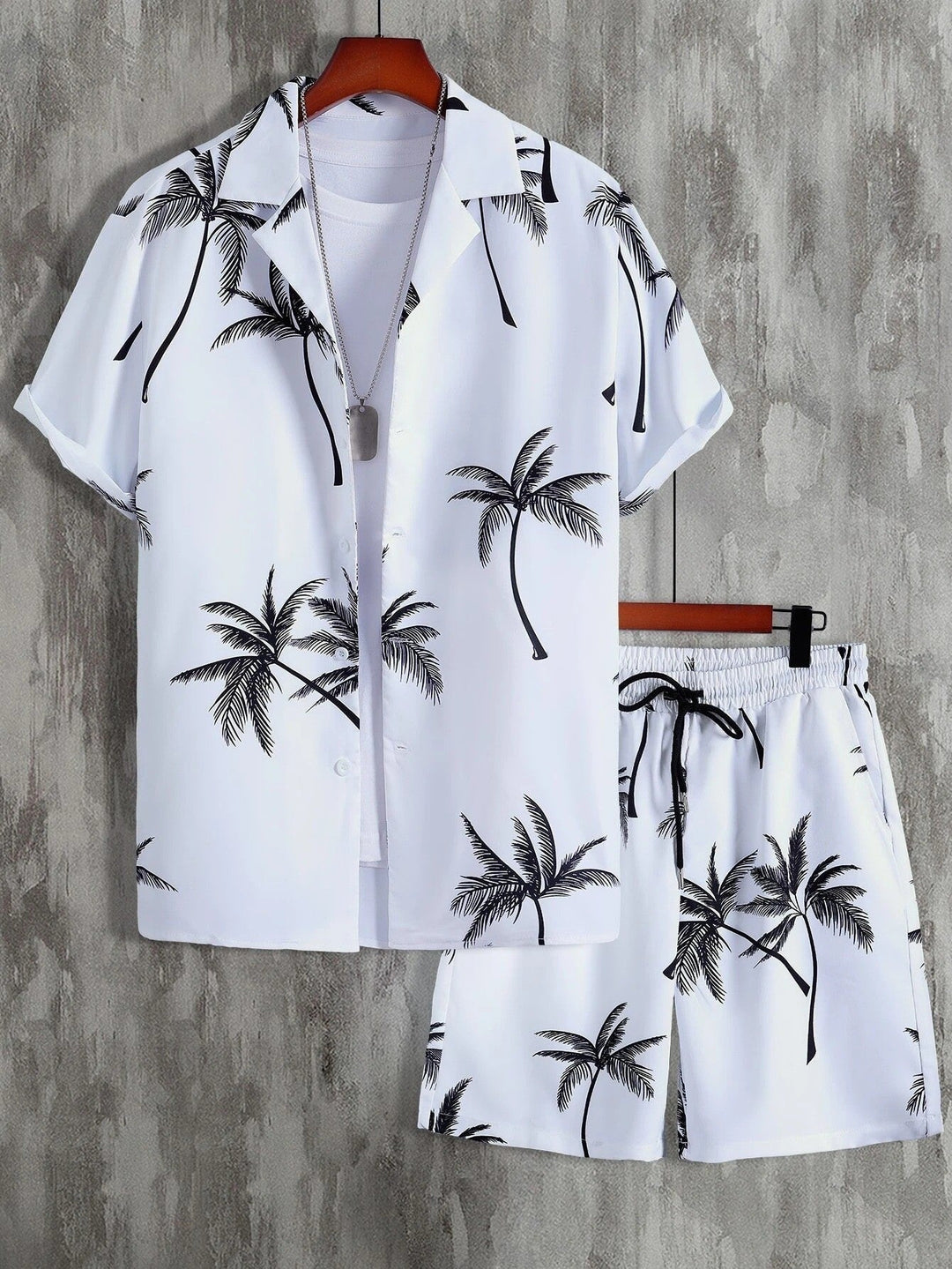 Herren Palmen-Print Kurzarm Hemd und Shorts Zweiteiler