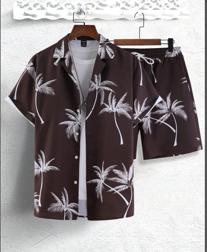 Herren Palmen-Print Kurzarm Hemd und Shorts Zweiteiler