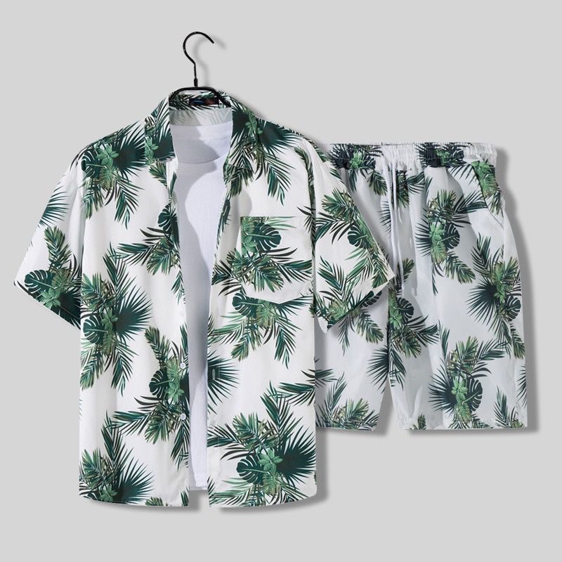 Herren Palmen-Print Kurzarm Hemd und Shorts Zweiteiler