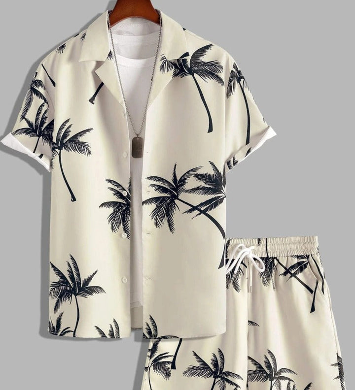 Herren Palmen-Print Kurzarm Hemd und Shorts Zweiteiler