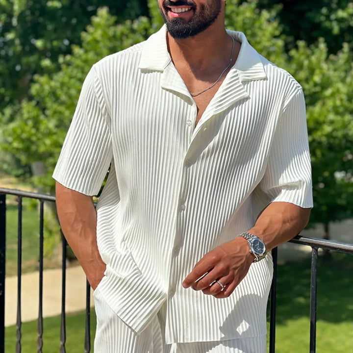 Herren Plissee Set Reverskragen Kurzarm Hemd und Shorts