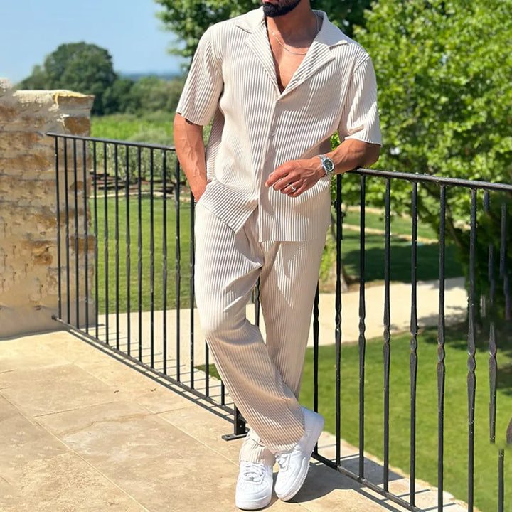Herren Plissee Set Reverskragen Kurzarm Hemd und Shorts