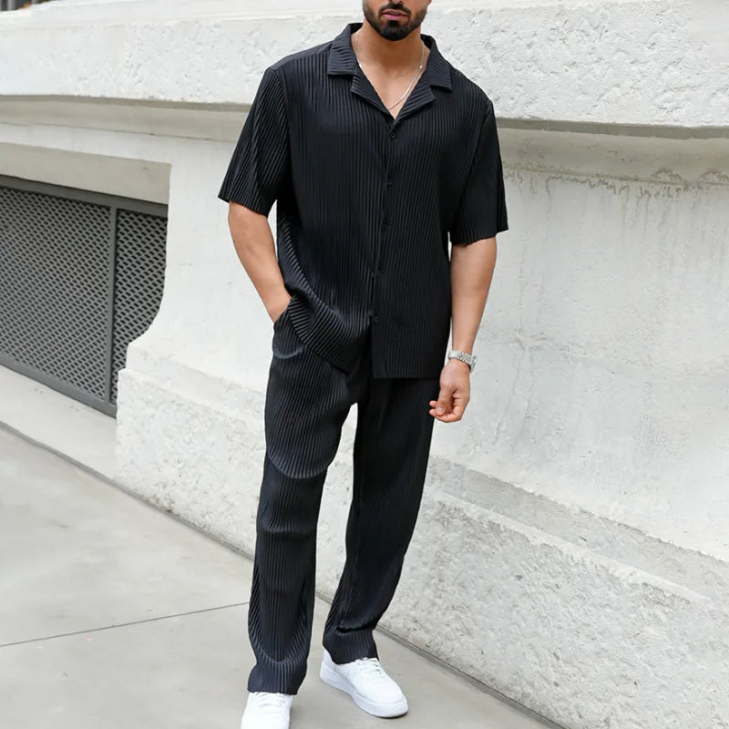 Herren Plissee Set Reverskragen Kurzarm Hemd und Shorts