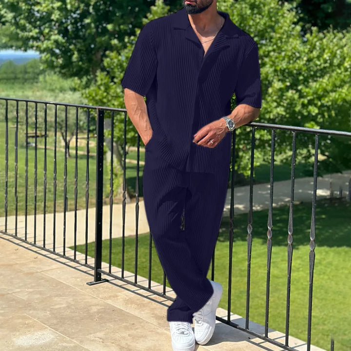 Herren Plissee Set Reverskragen Kurzarm Hemd und Shorts