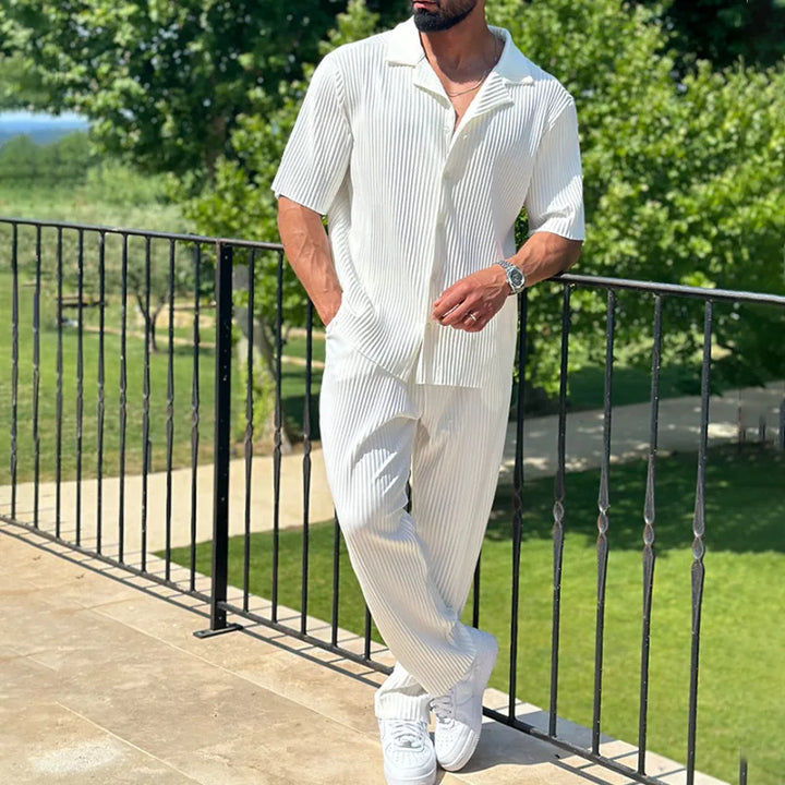 Herren Plissee Set Reverskragen Kurzarm Hemd und Shorts