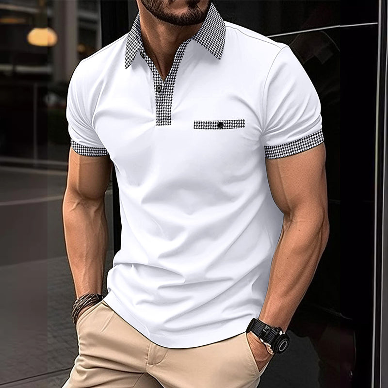 Herren Poloshirt Kurzarm Strick Karo-Besatz Sommer