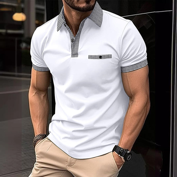 Herren Poloshirt Kurzarm Strick Karo-Besatz Sommer