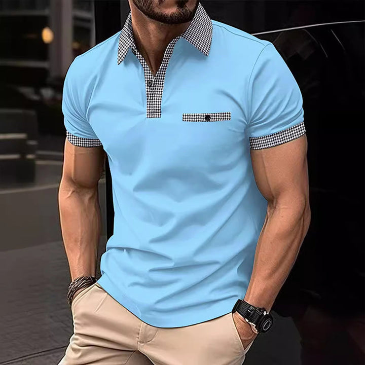 Herren Poloshirt Kurzarm Strick Karo-Besatz Sommer