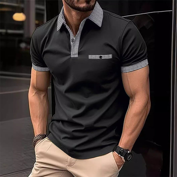 Herren Poloshirt Kurzarm Strick Karo-Besatz Sommer