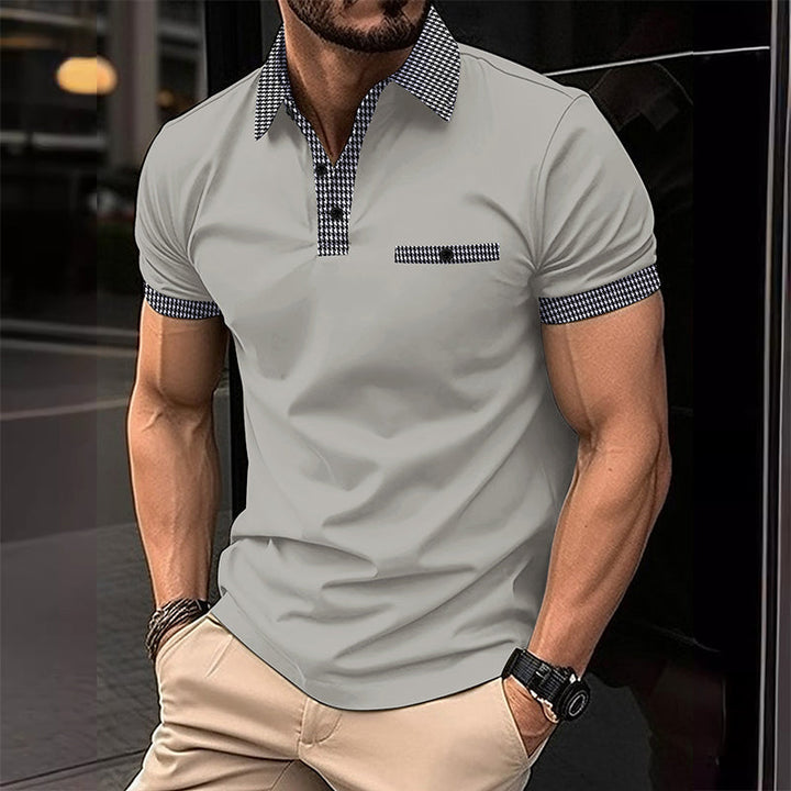 Herren Poloshirt Kurzarm Strick Karo-Besatz Sommer