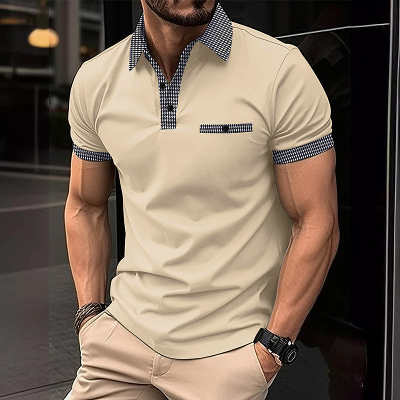 Herren Poloshirt Kurzarm Strick Karo-Besatz Sommer
