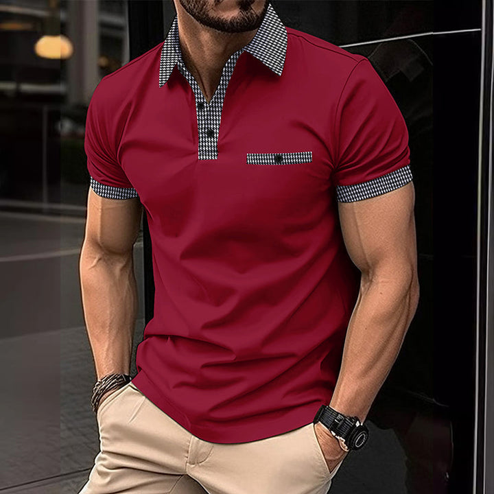 Herren Poloshirt Kurzarm Strick Karo-Besatz Sommer