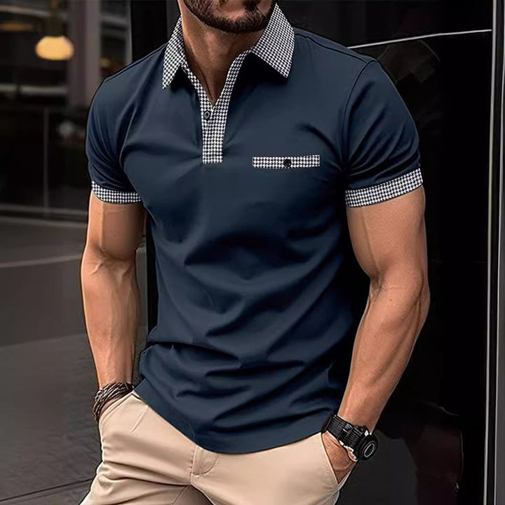 Herren Poloshirt Kurzarm Strick Karo-Besatz Sommer