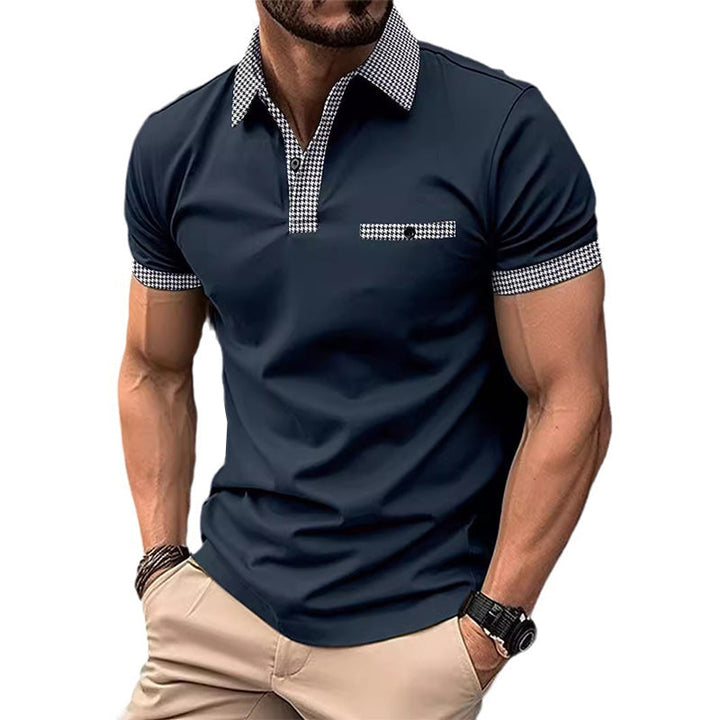 Herren Poloshirt Kurzarm Strick Karo-Besatz Sommer
