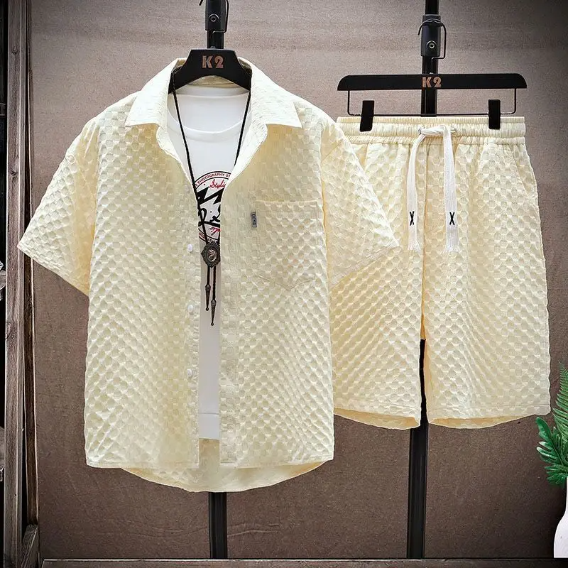 Herren Rauten-Jacquard Set Kurzarm Hemd und Shorts