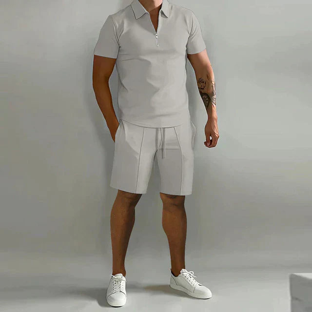 Herren Set Zip-Poloshirt und Shorts Zweiteiler Freizeit