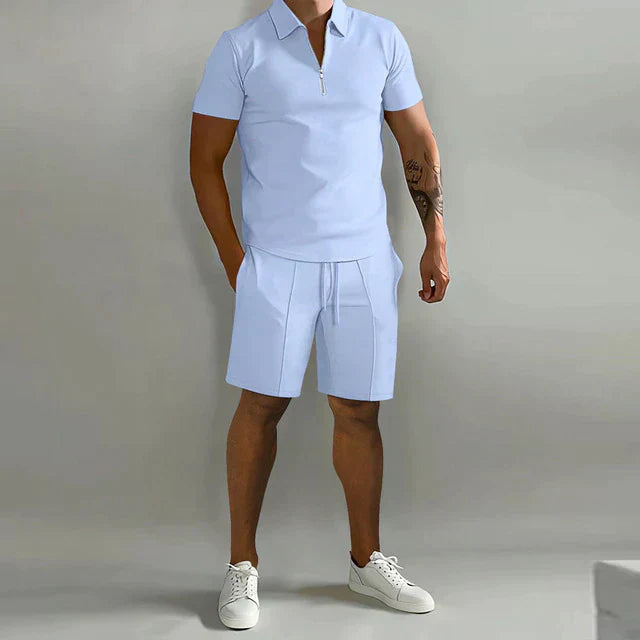 Herren Set Zip-Poloshirt und Shorts Zweiteiler Freizeit