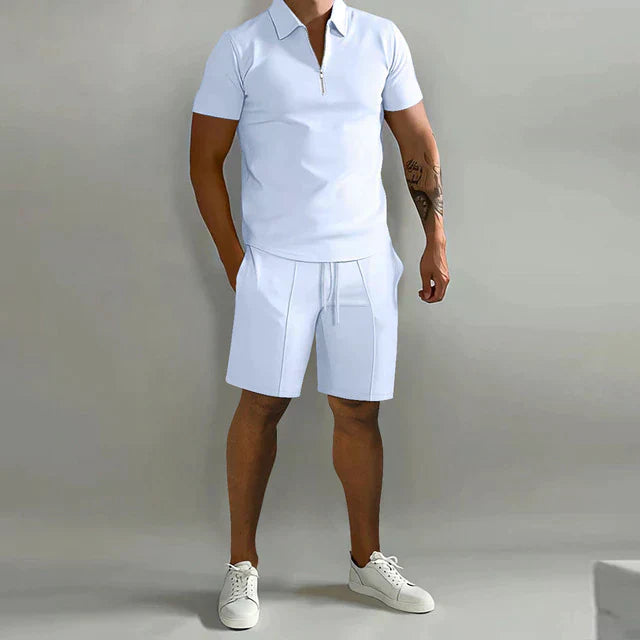Herren Set Zip-Poloshirt und Shorts Zweiteiler Freizeit