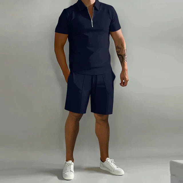 Herren Set Zip-Poloshirt und Shorts Zweiteiler Freizeit