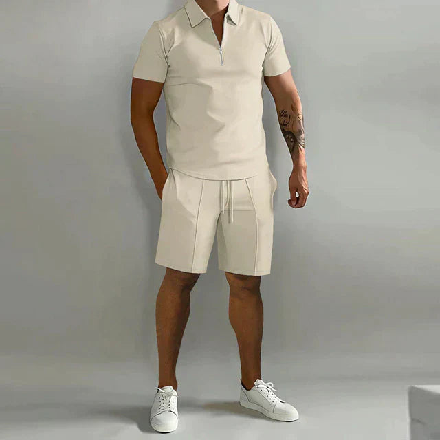 Herren Set Zip-Poloshirt und Shorts Zweiteiler Freizeit