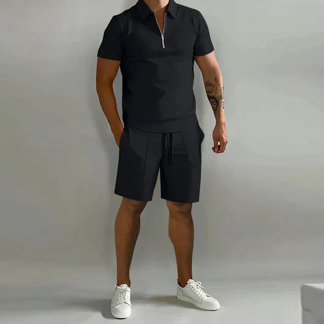 Herren Set Zip-Poloshirt und Shorts Zweiteiler Freizeit