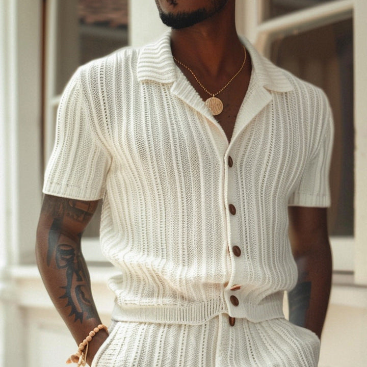 Herren Strick Set Elfenbein Hemd mit Knopfleiste und Shorts