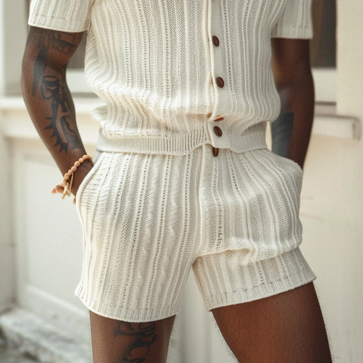 Herren Strick Set Elfenbein Hemd mit Knopfleiste und Shorts