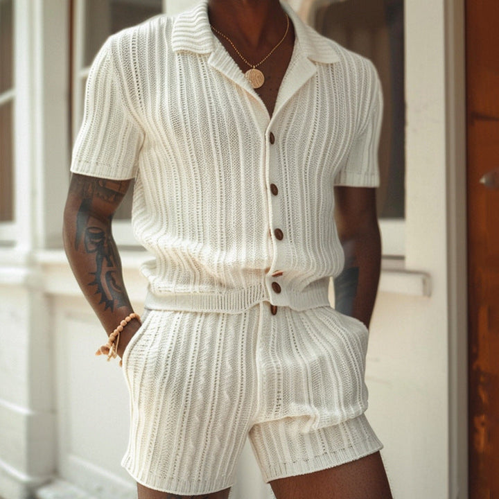 Herren Strick Set Elfenbein Hemd mit Knopfleiste und Shorts