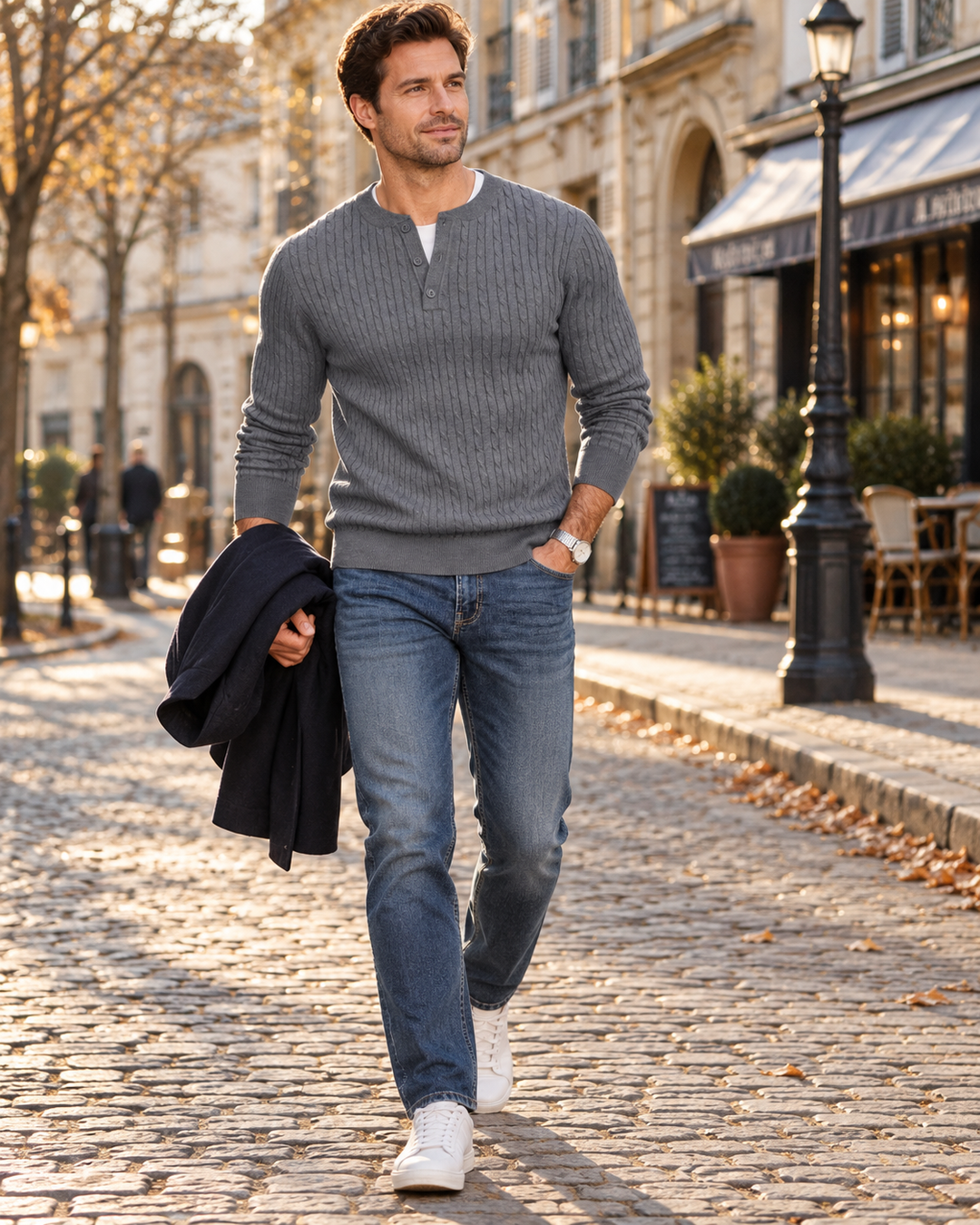 Herren Strickpullover im Henley-Stil mit Knopfleiste