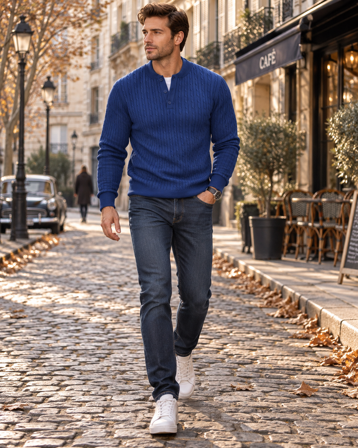 Herren Strickpullover im Henley-Stil mit Knopfleiste