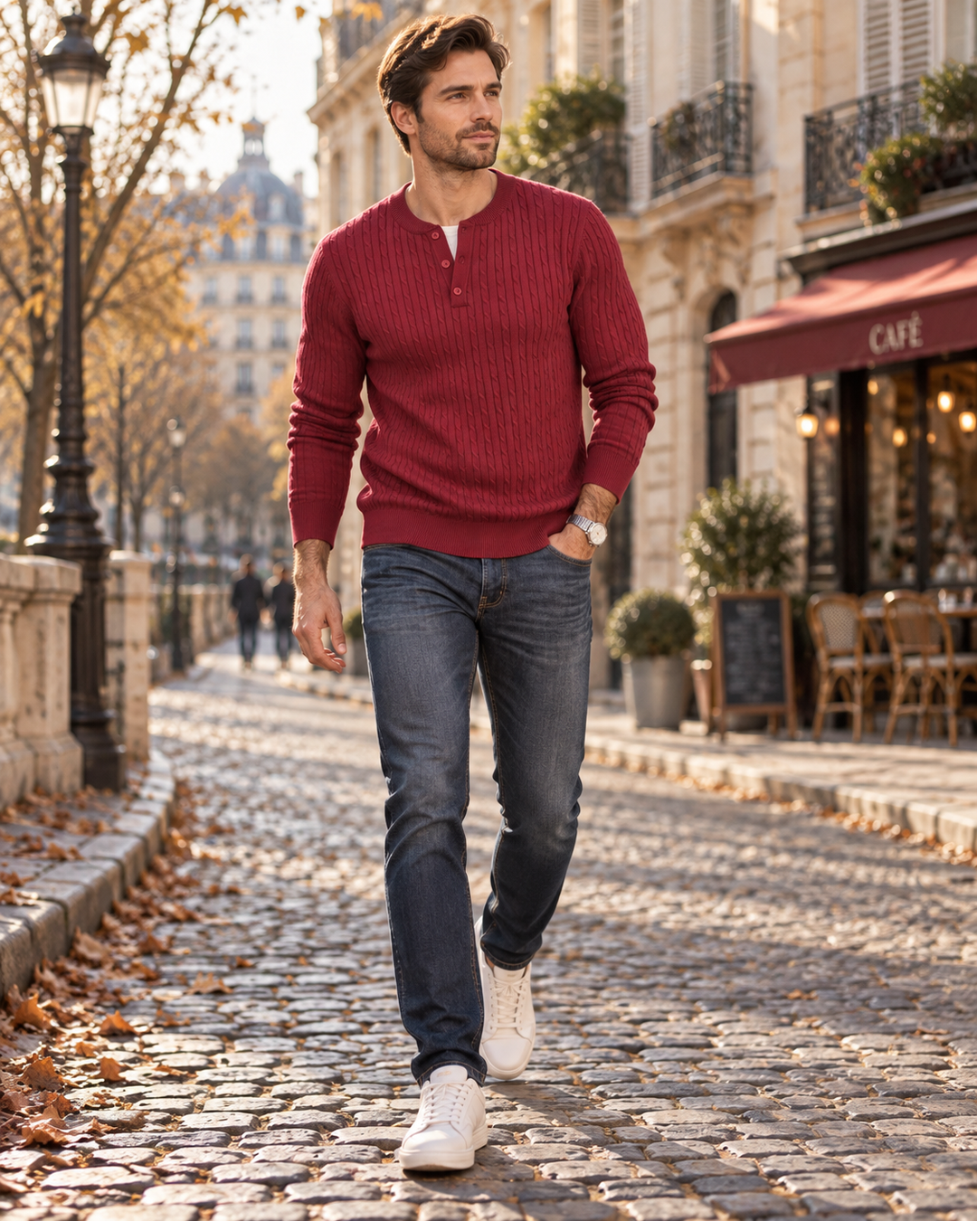 Herren Strickpullover im Henley-Stil mit Knopfleiste