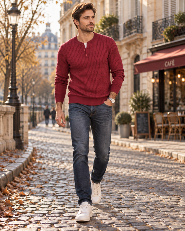 Herren Strickpullover im Henley-Stil mit Knopfleiste